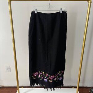 Paradox Black Wool Blend Midi Skirt Size 12 with Floral Embroidered Hem